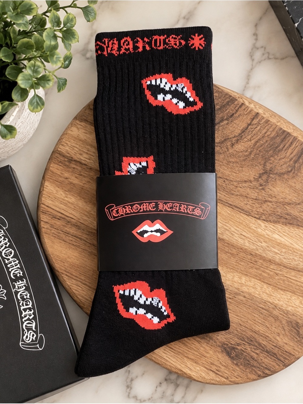 Chrome Hearts FOTI Mouth Black Red Crew Socks Size Large 9-13 BRAND NEW